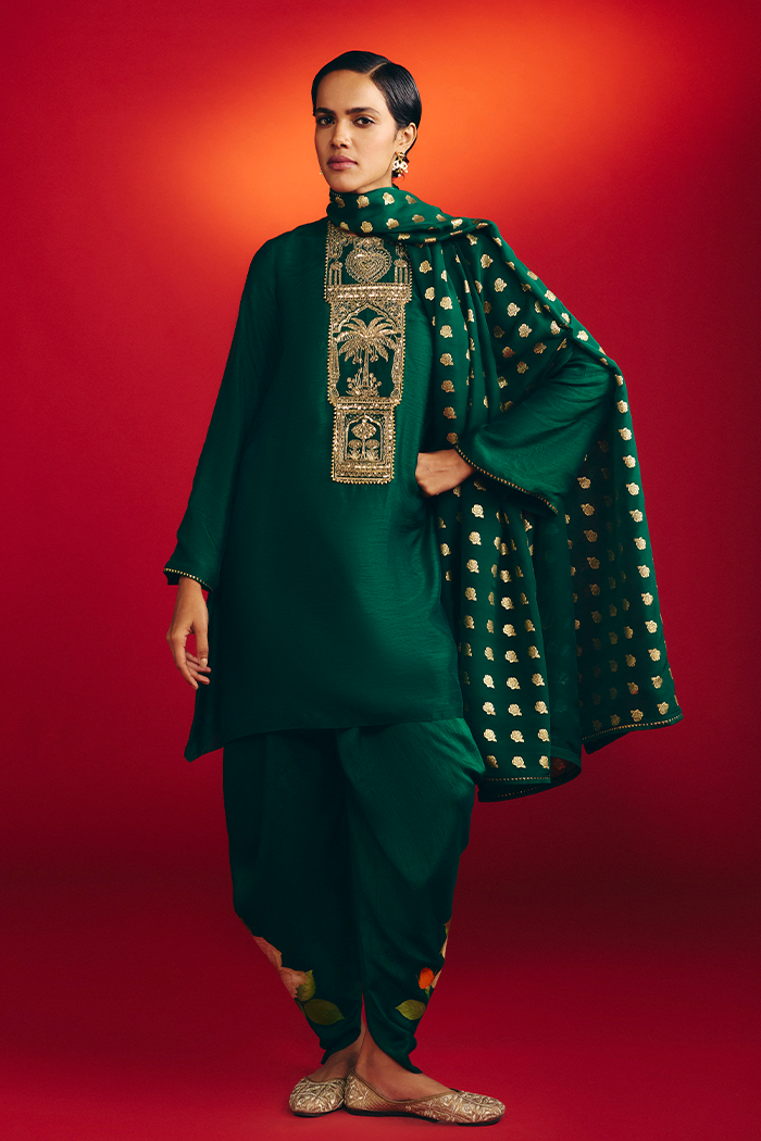 Bottle Green Rose Blush Kurta Set