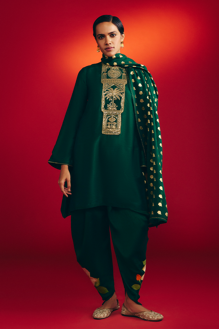 Bottle Green Rose Blush Kurta Set