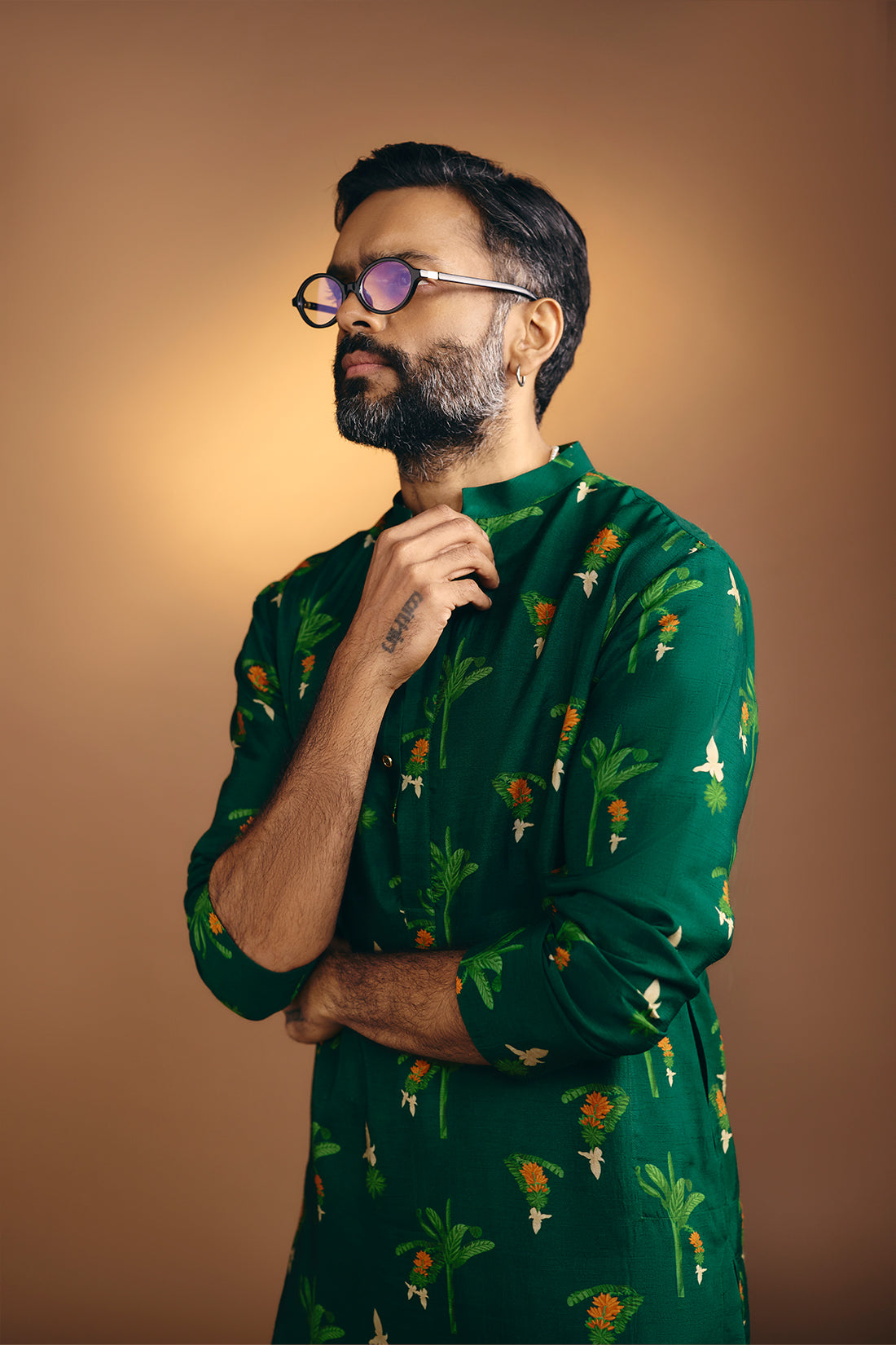 Bottle Green Tropical Kurta Set