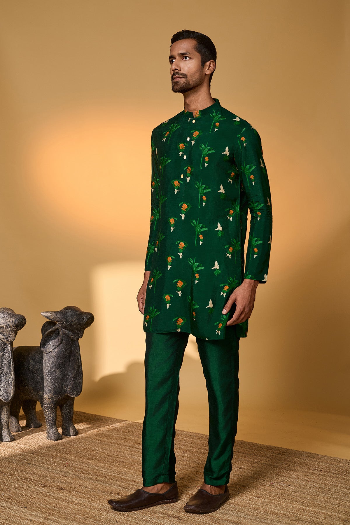 Bottle Green Tropical Kurta Set