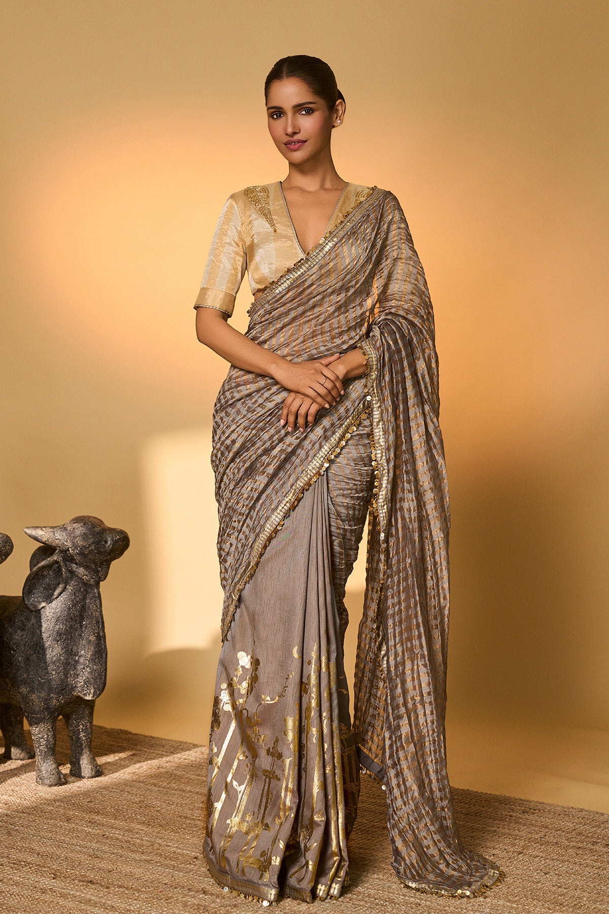 Grey Moonfield Zari Stripes Saree