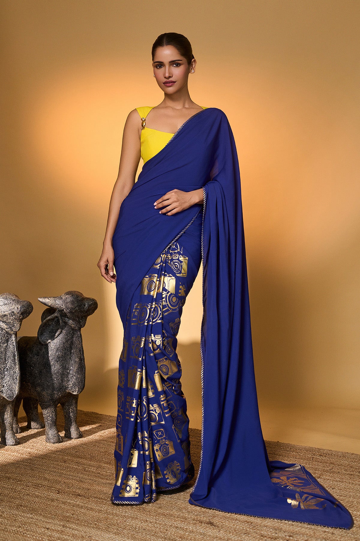 Electric Blue Tropical Camera Saree