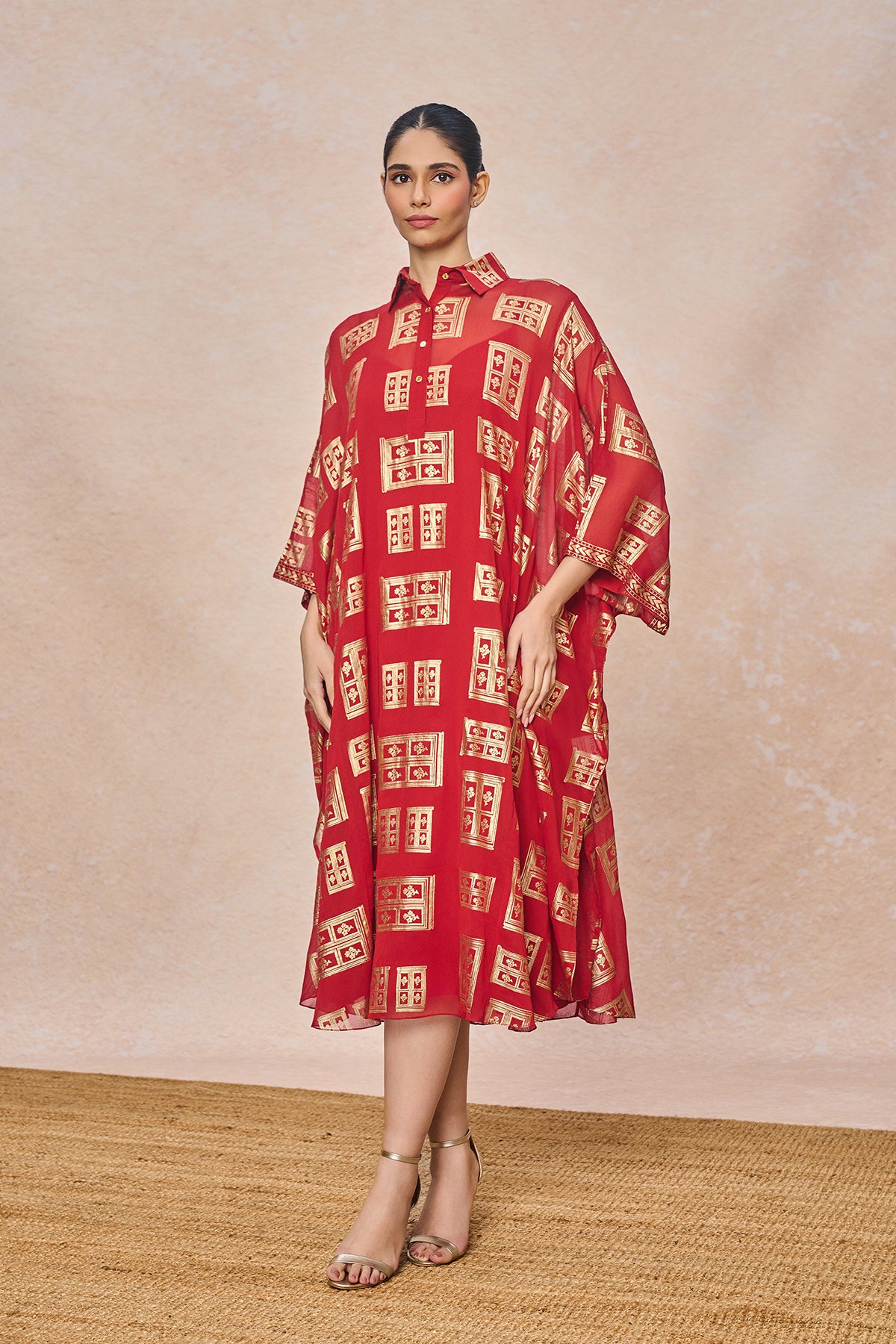 Red Open Doors Foil Collar Kaftan