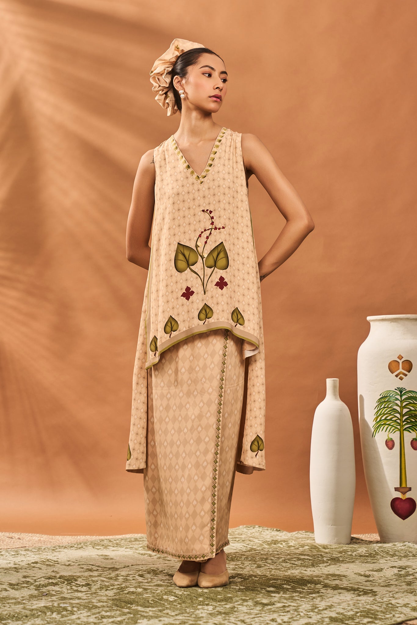 Beige Clover Checks Fusion Set