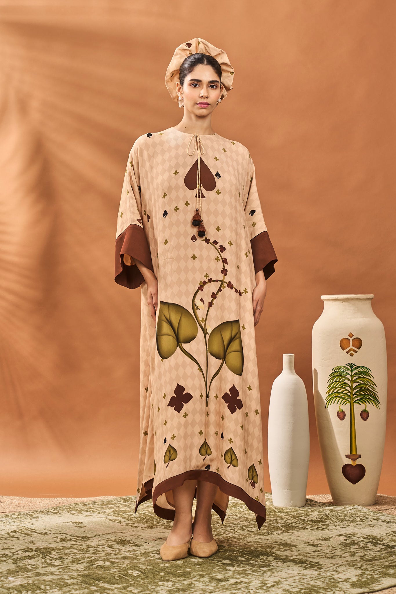 Beige Clover Checks Kaftan