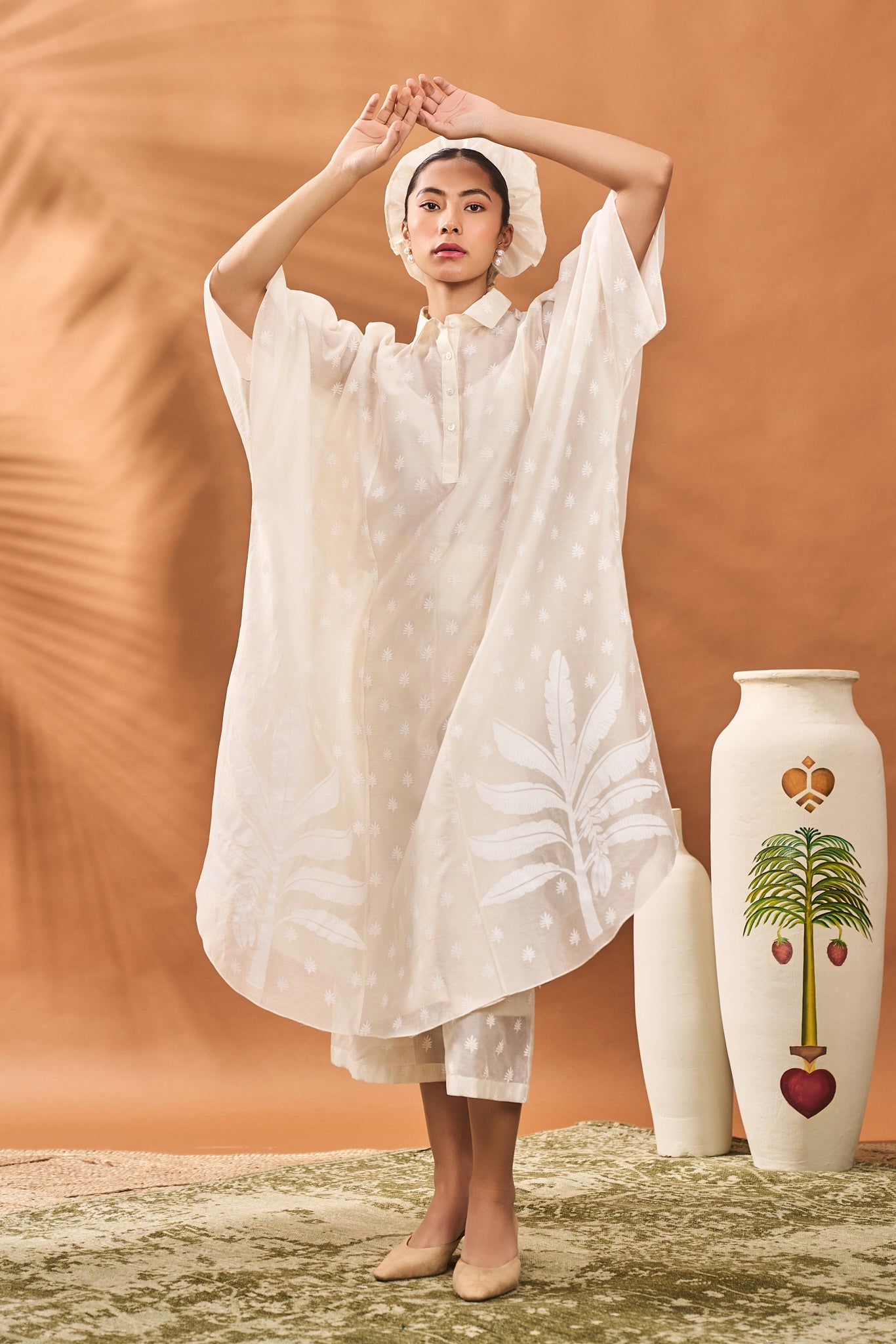 Chanderi Trellis Palm Kaftan Set
