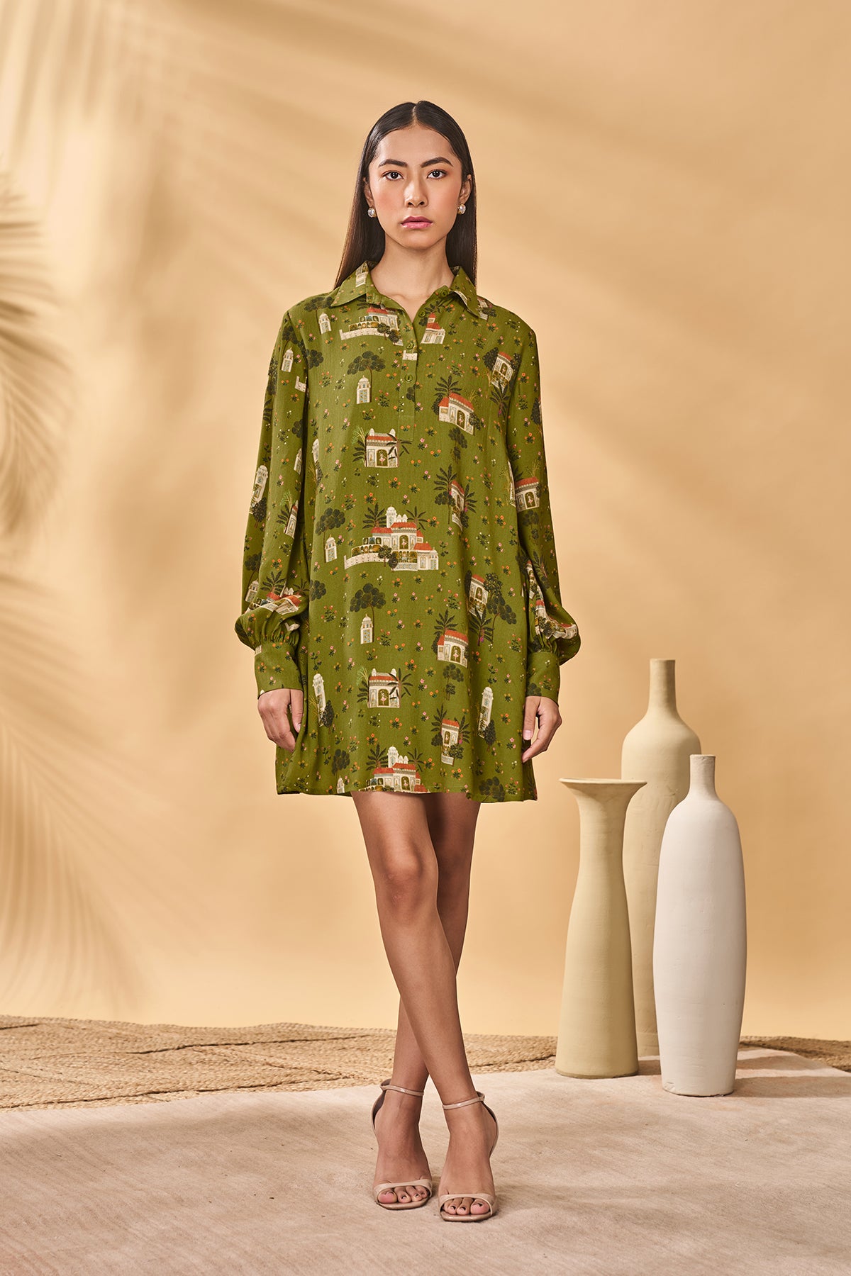 Olive Miniature Dreams Shirt Dress