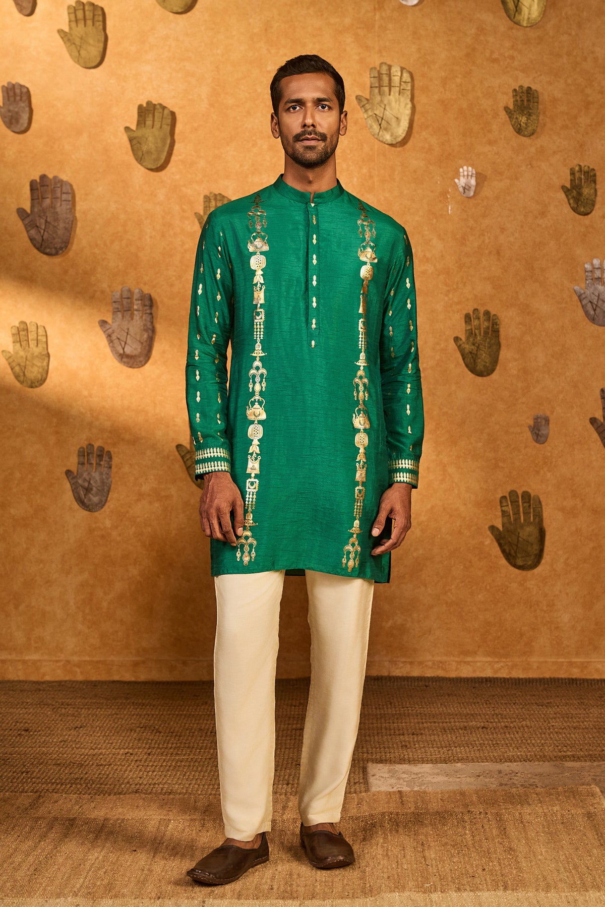 Green Totem Lines And Pot Menswear Kurta Set