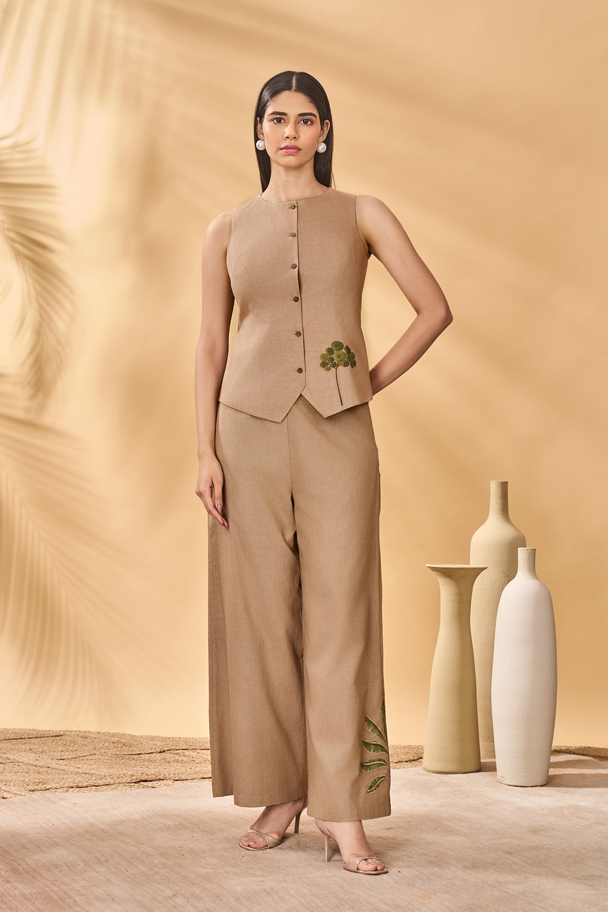Beige Trellis Palm Waistcoat Set