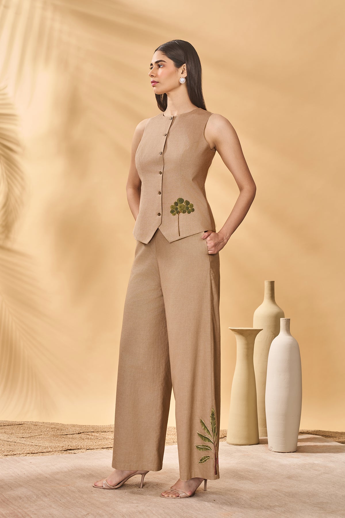 Beige Trellis Palm Waistcoat Set