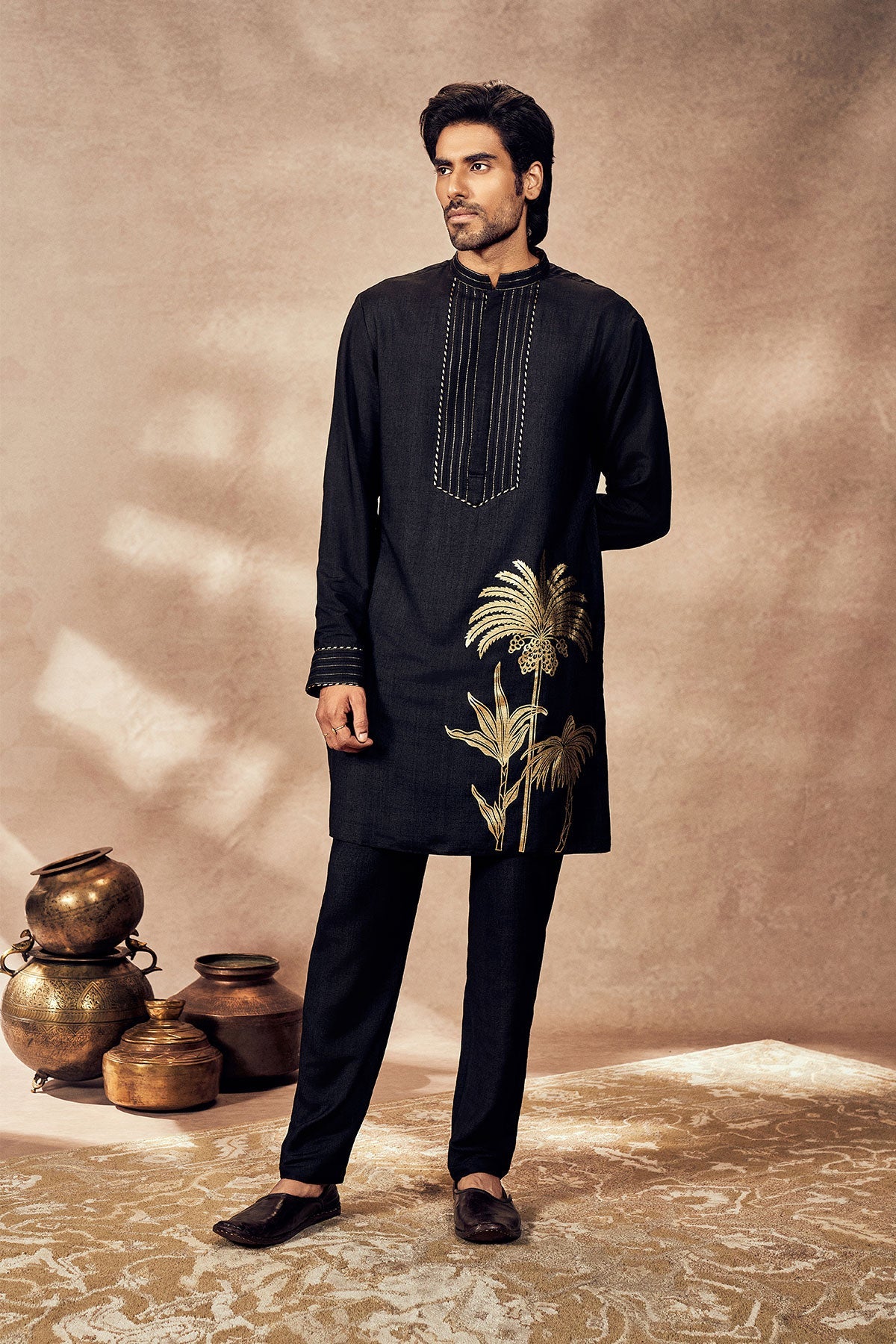 Black Palm Blooms Kurta Set