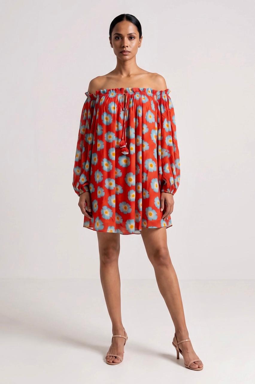 Red Crazy Daisy Off Shoulder Dress