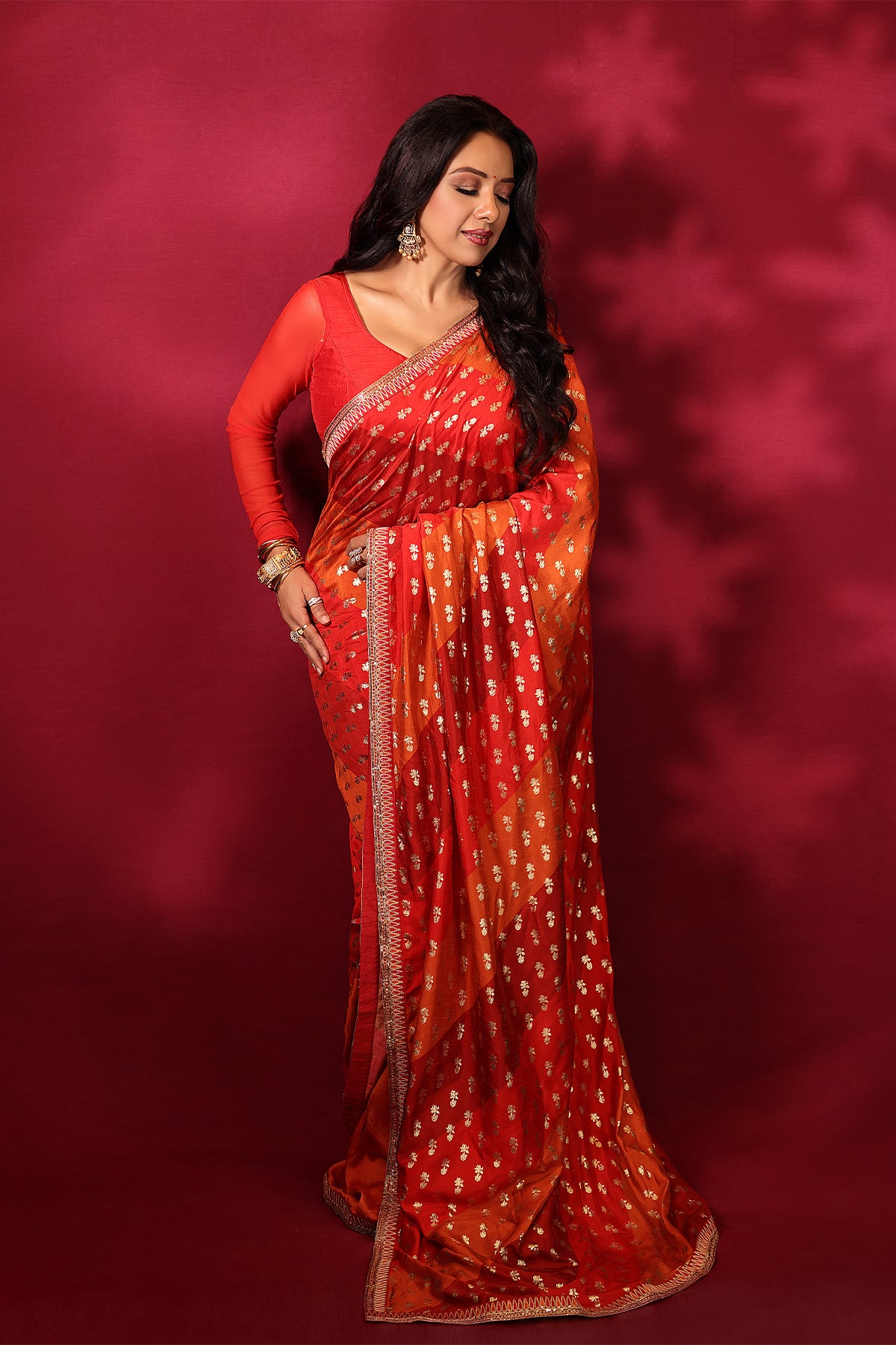 Rust Stripe Foil Saree