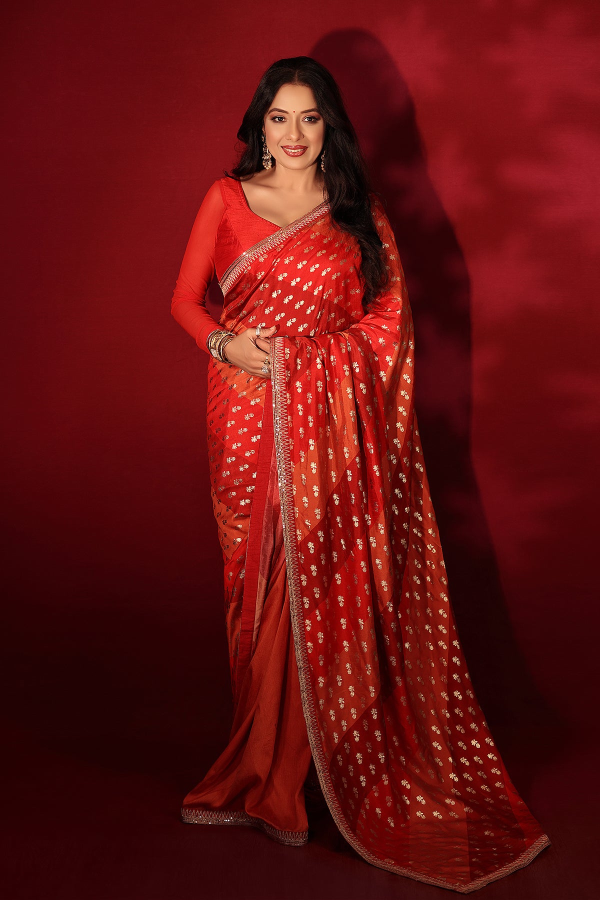 Rust Stripe Foil Saree