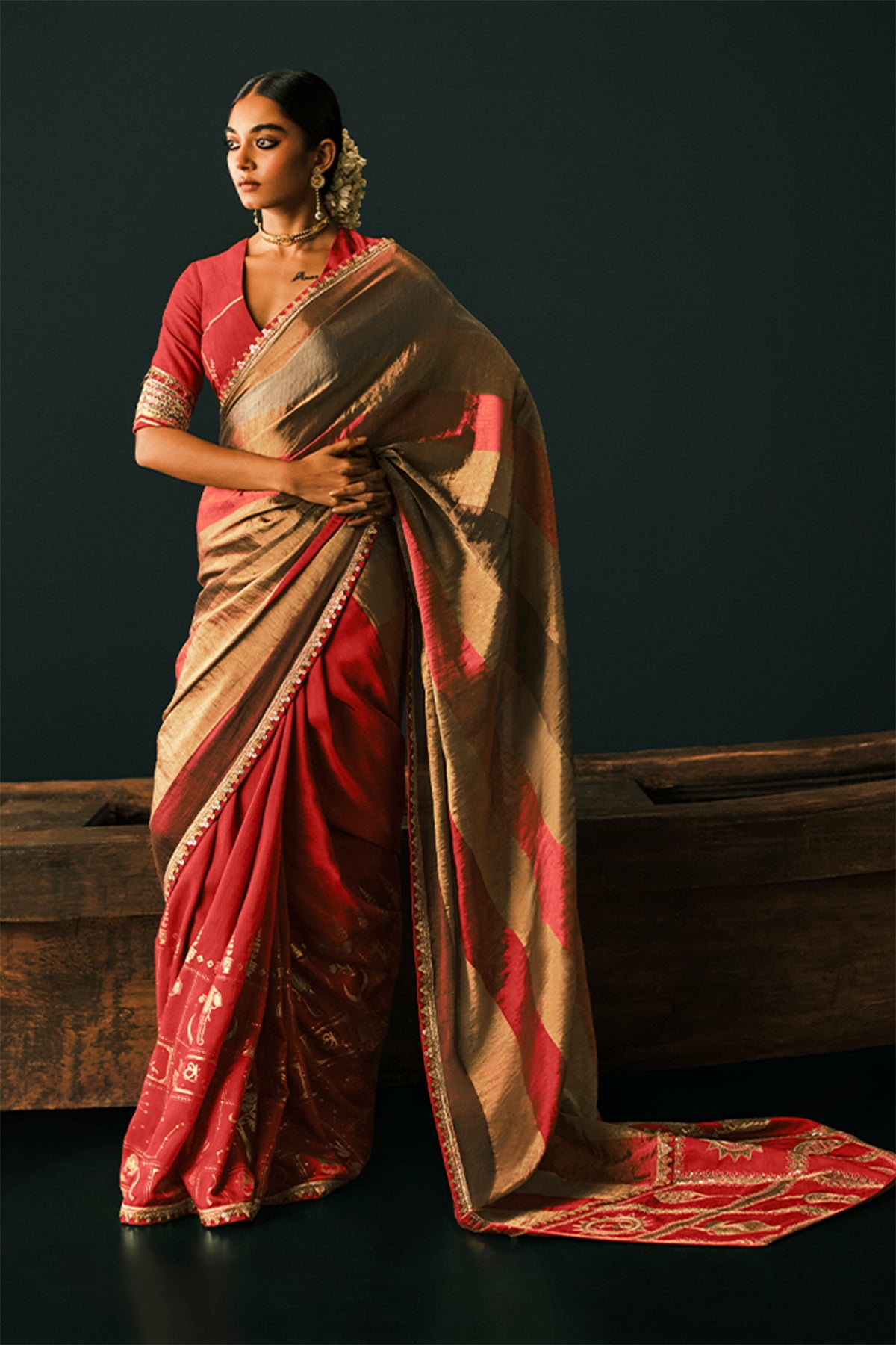 Red Tropical Stardust Saree