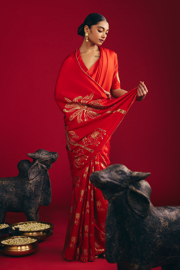 Red Tropical Nandi Saree