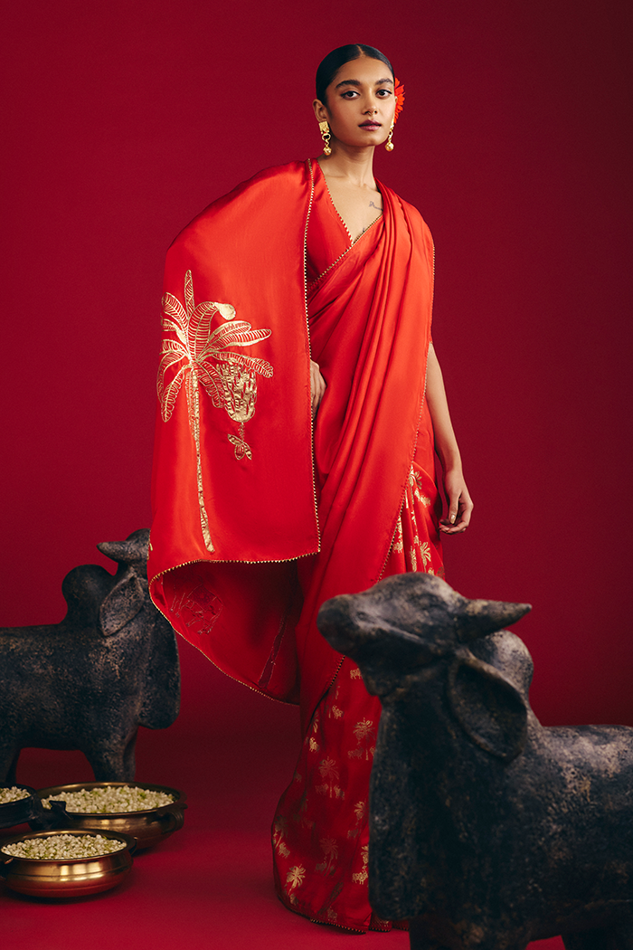 Red Tropical Nandi Saree