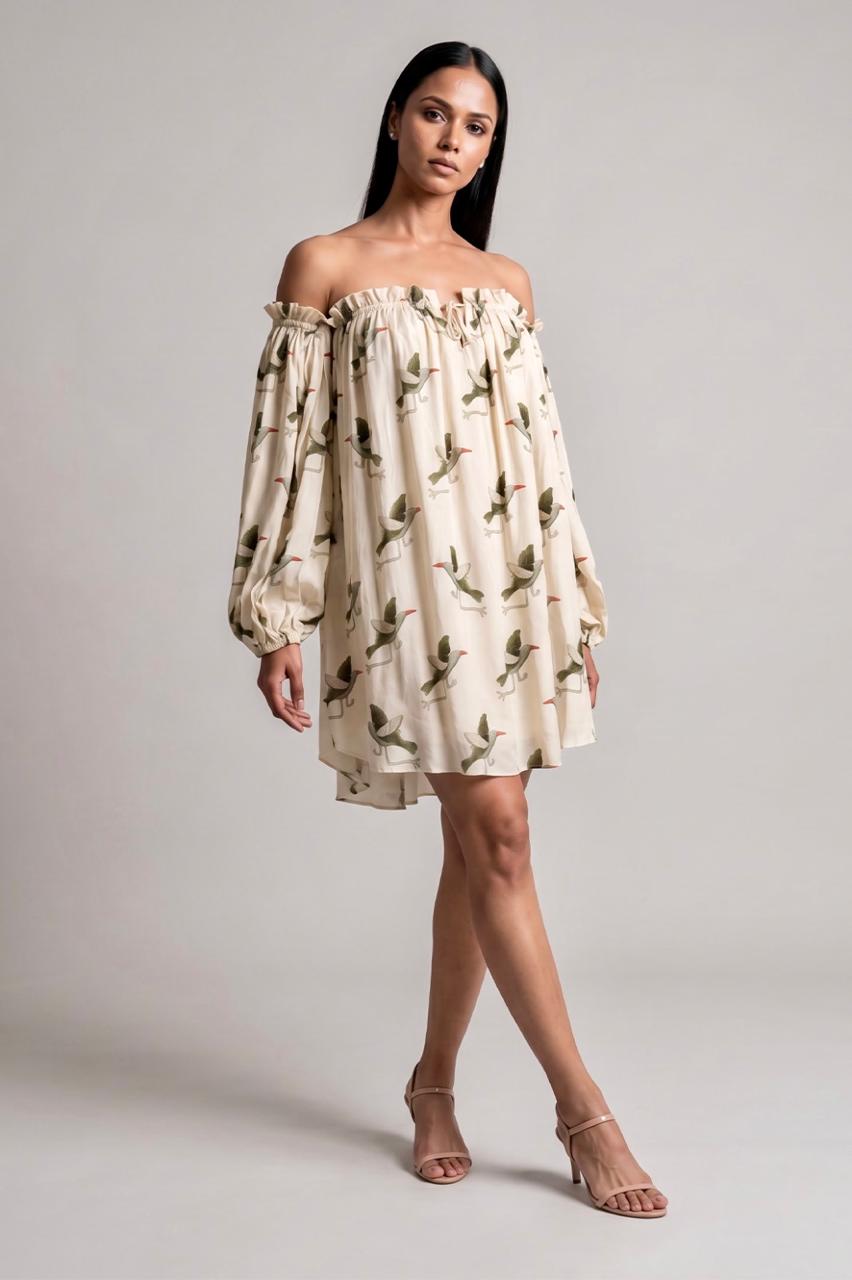 Ivory Gold Finch Off Shoulder Dress