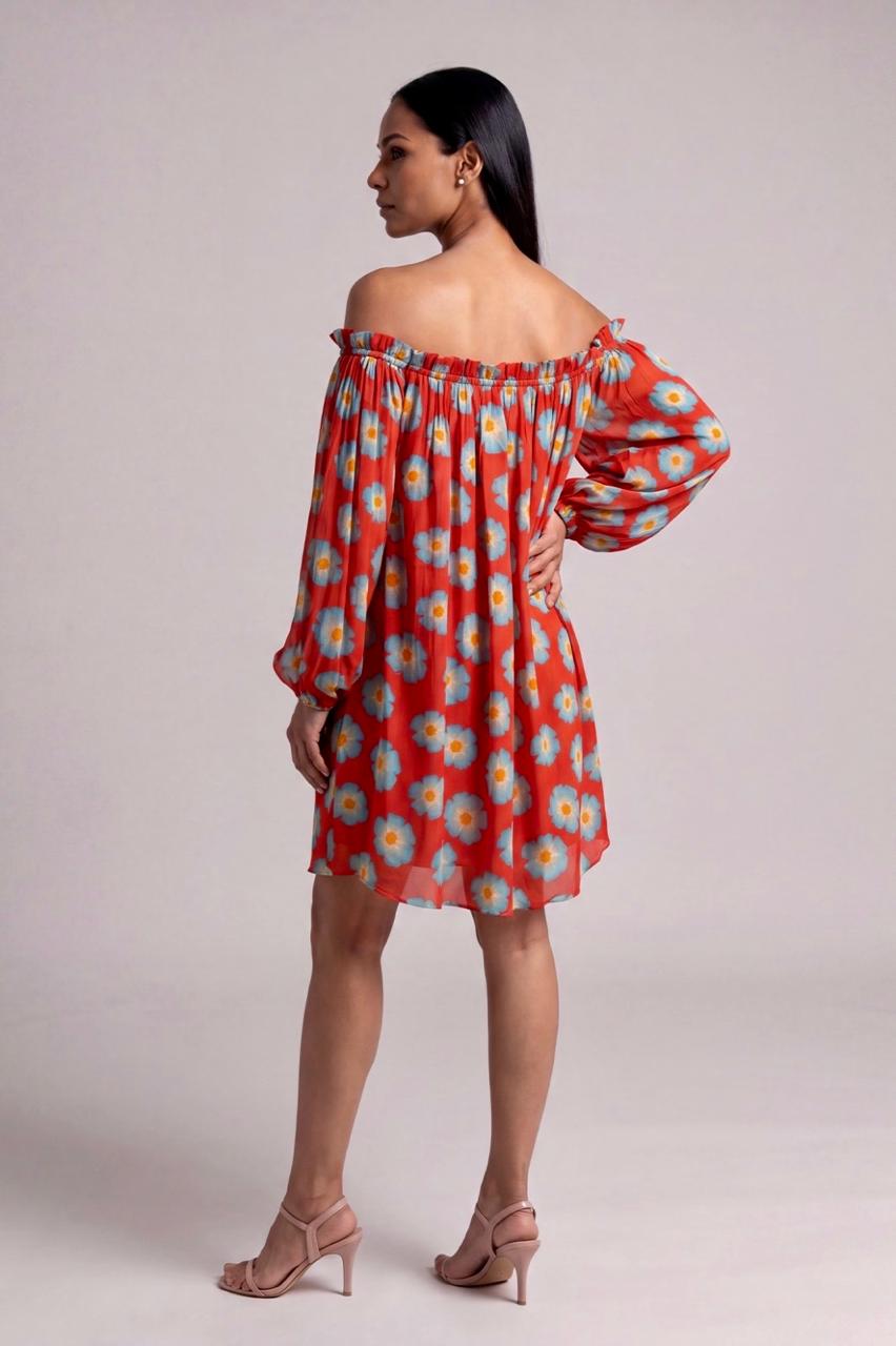 Red Crazy Daisy Off Shoulder Dress